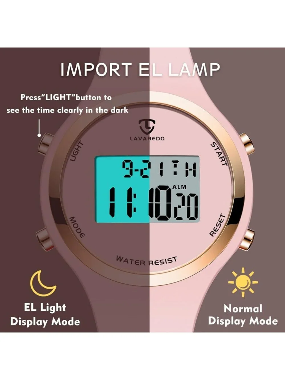 Women's All Pink Quartz Chronograph Waterproof Outdoor Sport Alarm Digital Watch